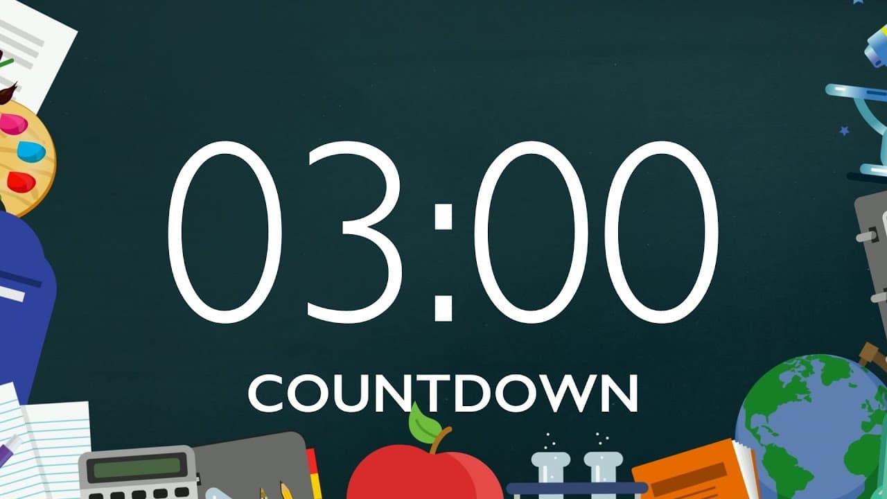 3 Minute Back to School Timer with Music and Alarm – School Supplies Background, Version 2