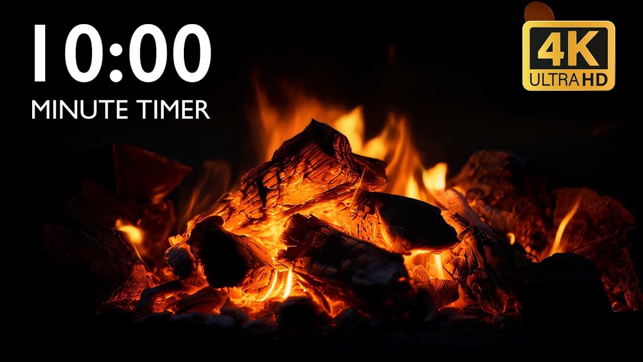 10 Minute Timer with Relaxing Music and Alarm 4K – Fireplace Background