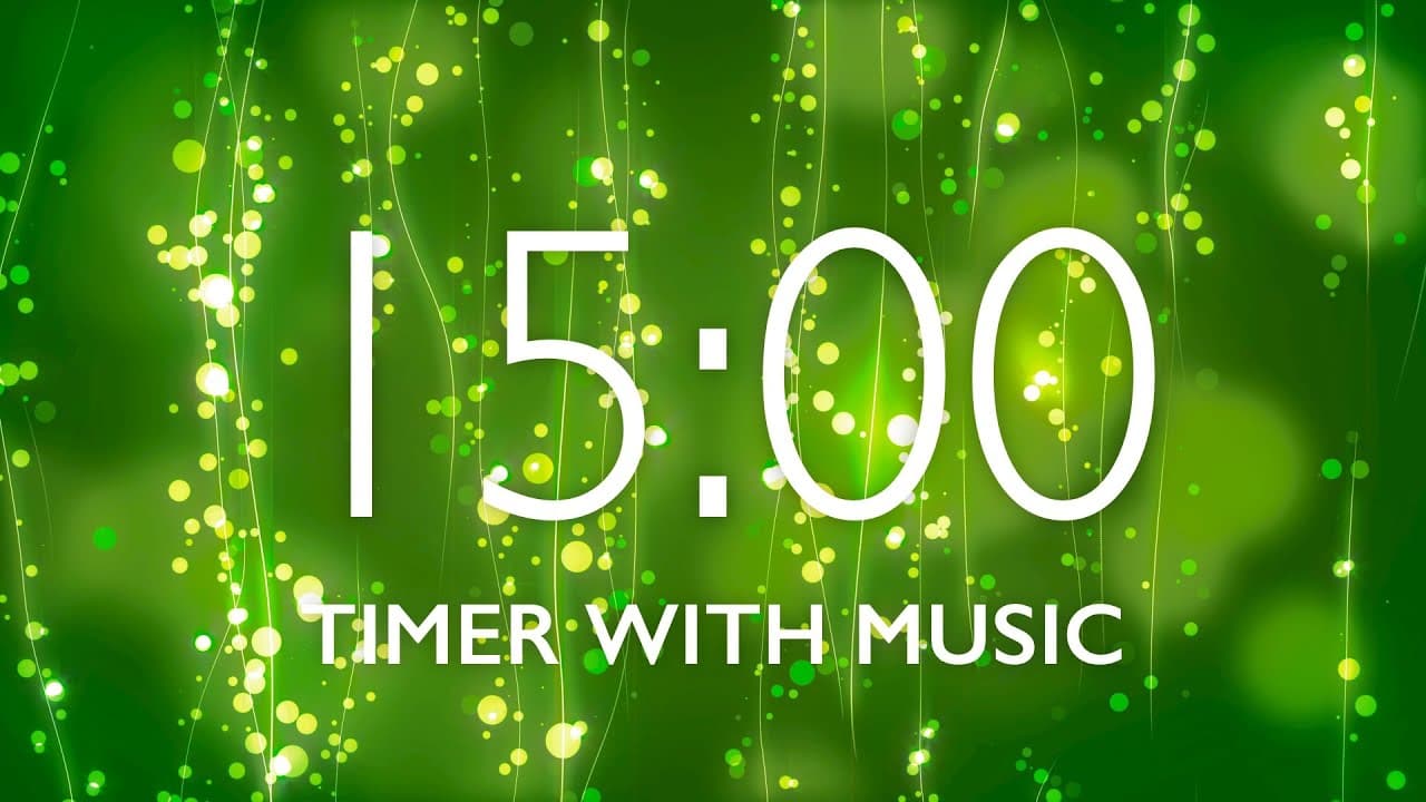 15 Minute Timer with Relaxing Music & Alarm – Green Sparkles Background