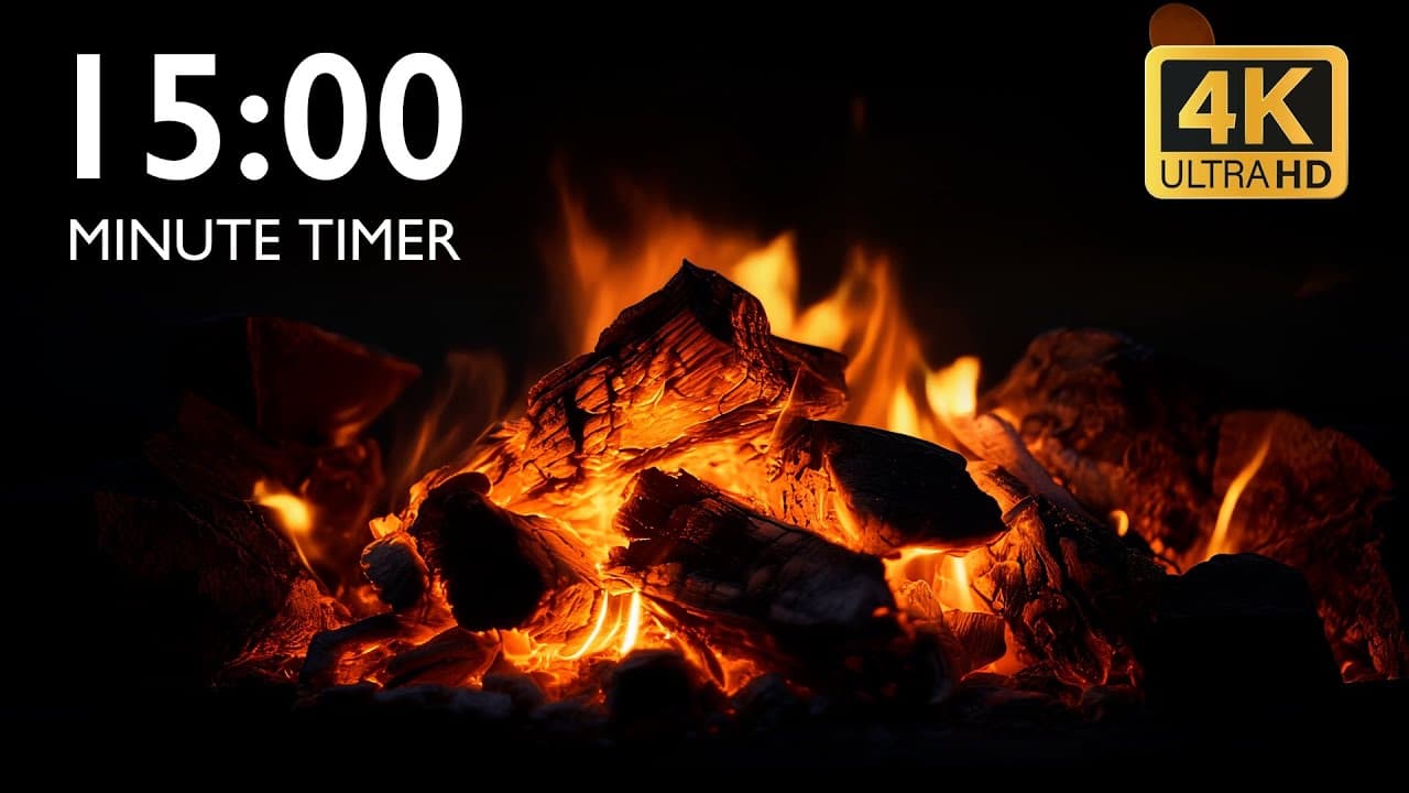 15 Minute Timer with Relaxing Music and Alarm 4K – Fireplace Background